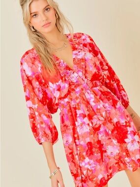 Day + Moon Vibrant Pinks & Red Sunset Floral V-Neck Mini Dress Summer Hot NWT